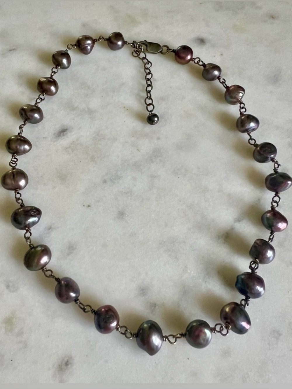 925 Sterling Silver Baroque Peacock Pearl Necklace Purple Gray 18” Adjustable